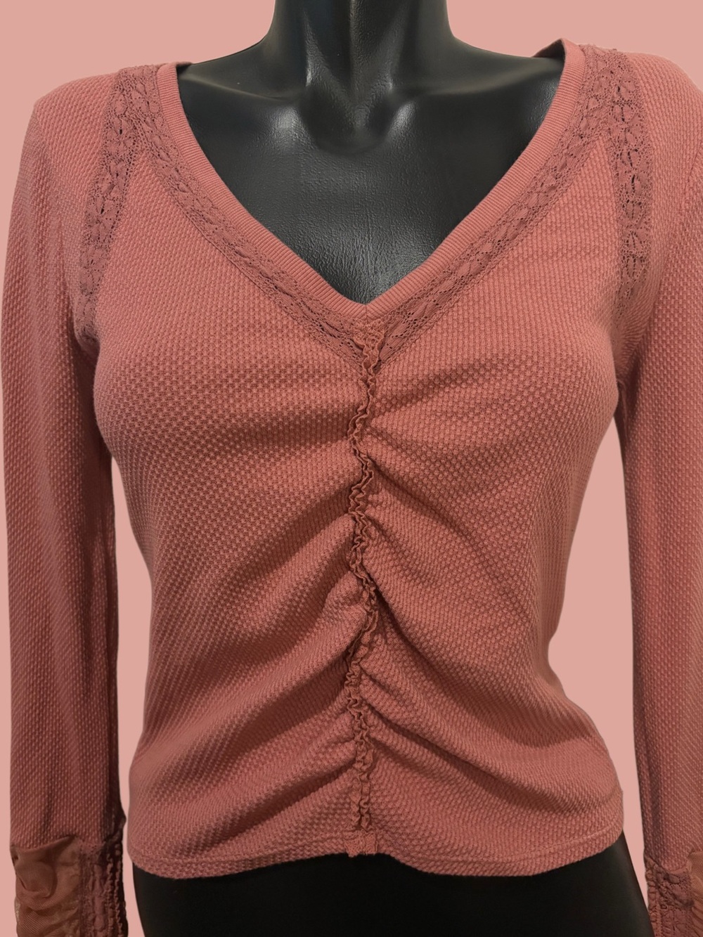 Free People Pink Mauve Waffle Knit Top Size Small
